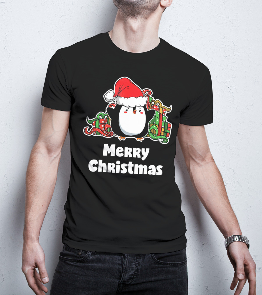 Merry Christmas Penguin Santa Hat Gift Wrapping T-Shirt