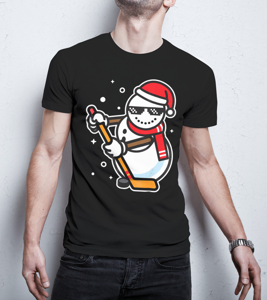 Ice Hockey Player Snowman Funny Boy Cool Nerd Santa T-Shirt