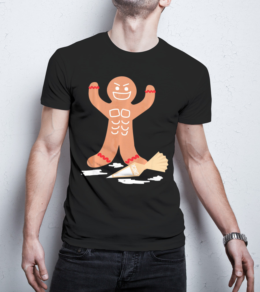Christmas Gingerbread Muscle Man With Icing Power T-Shirt
