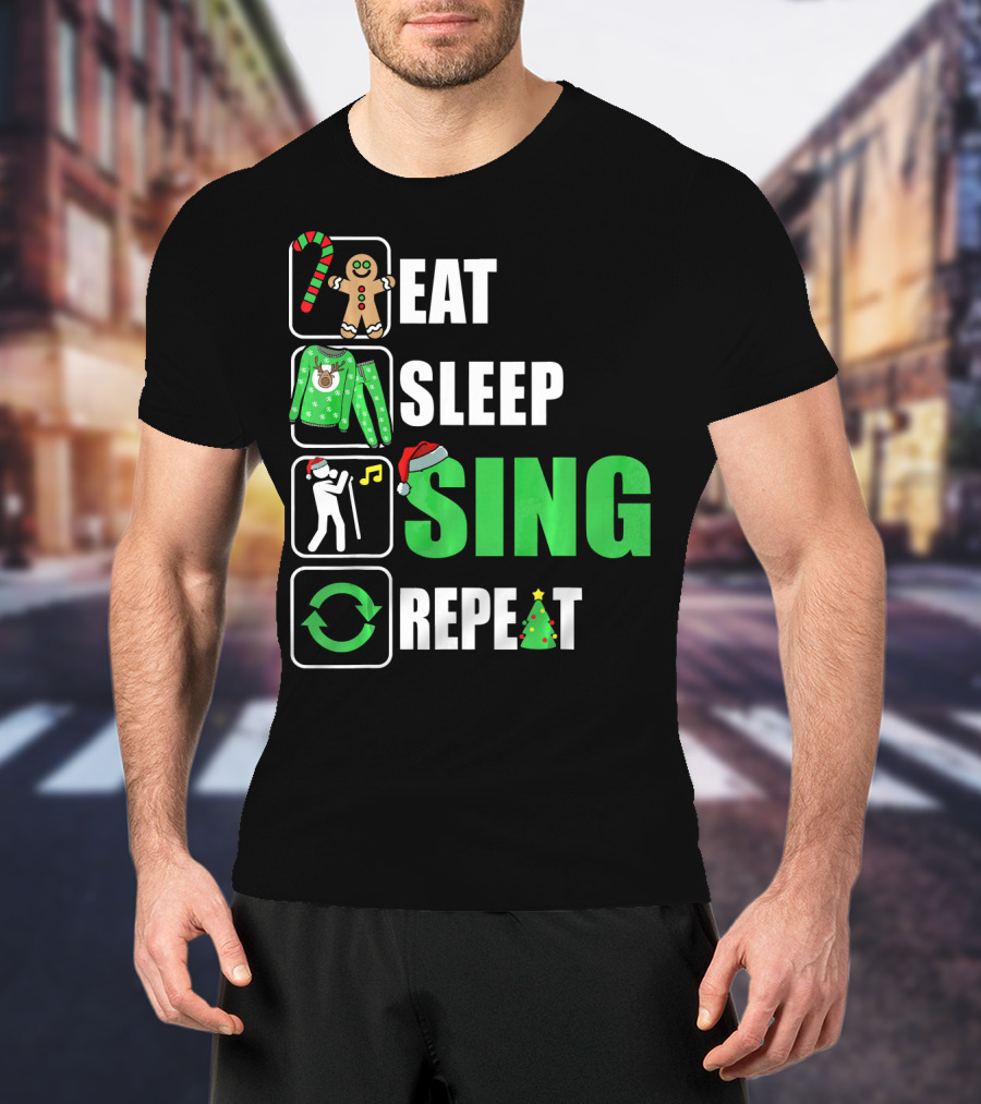Eat Sleep Sing Repeat Christmas Sweater Singer Candy Cane Gingerbread Music Tree T-Shirt