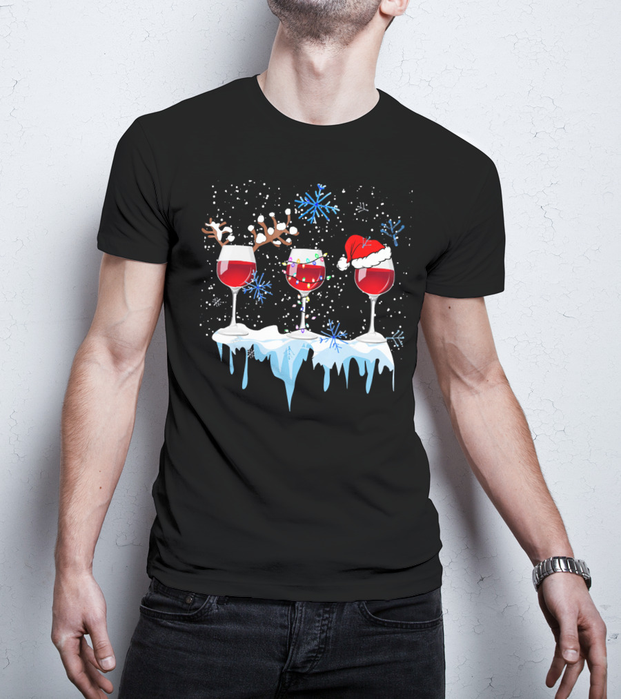 Christmas Reindeer Wine Glasses Santa Hat Snowflakes Holiday T-Shirt