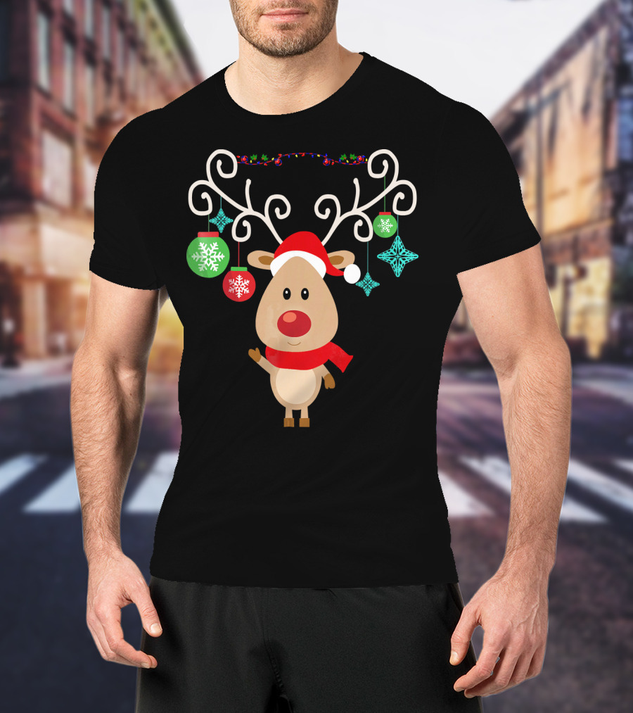Santa Hat Rudolph Reindeer With Christmas Ornaments Red Nose T-Shirt