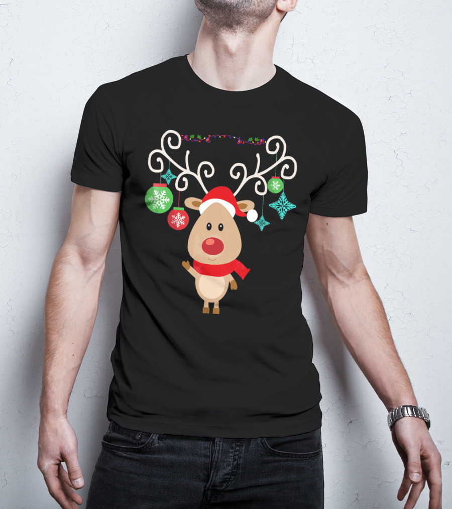 Santa Hat Rudolph Reindeer With Christmas Ornaments Red Nose T-Shirt