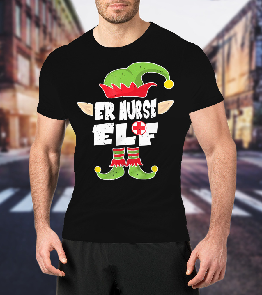 ER Nurse Elf Emergency Squad Christmas Hat And Shoes T-Shirt