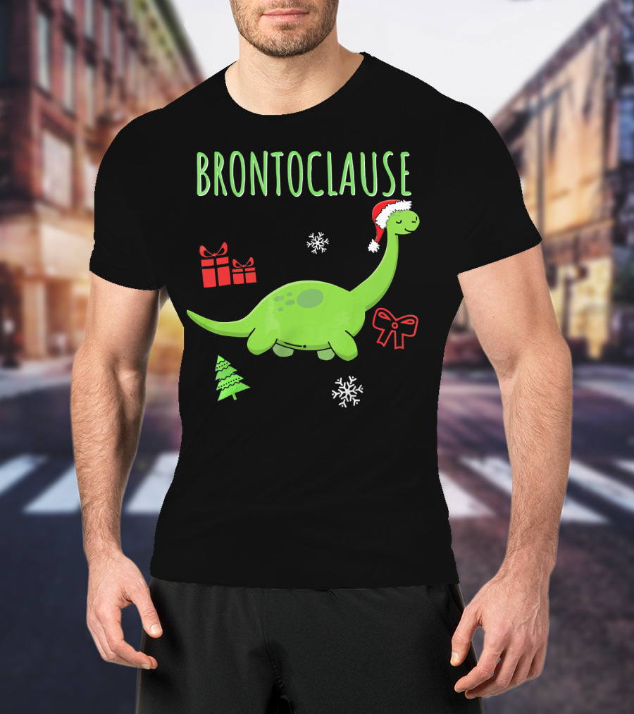 Brontoclause Christmas Dinosaur With Santa Hat And Holiday Gifts T-Shirt