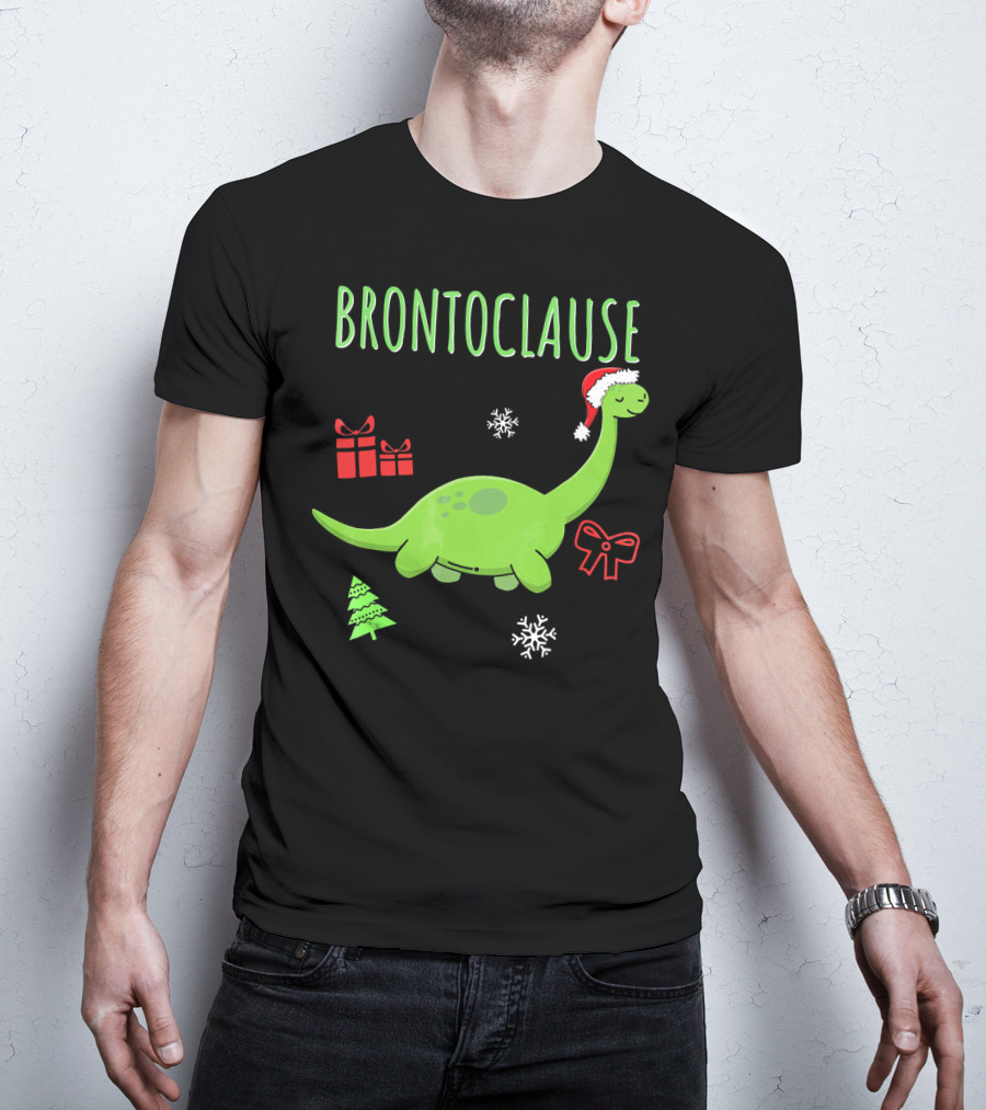 Brontoclause Christmas Dinosaur With Santa Hat And Holiday Gifts T-Shirt