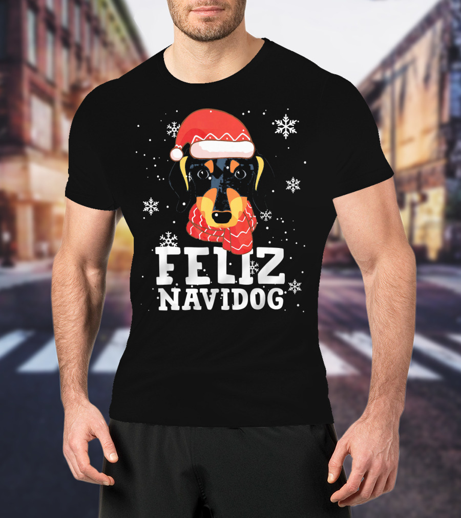Feliz Navidog Dachshund Dog Christmas Snowflakes Santa Hat Scarf T-Shirt