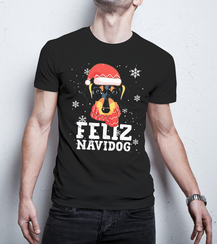 Feliz Navidog Dachshund Dog Christmas Snowflakes Santa Hat Scarf T-Shirt