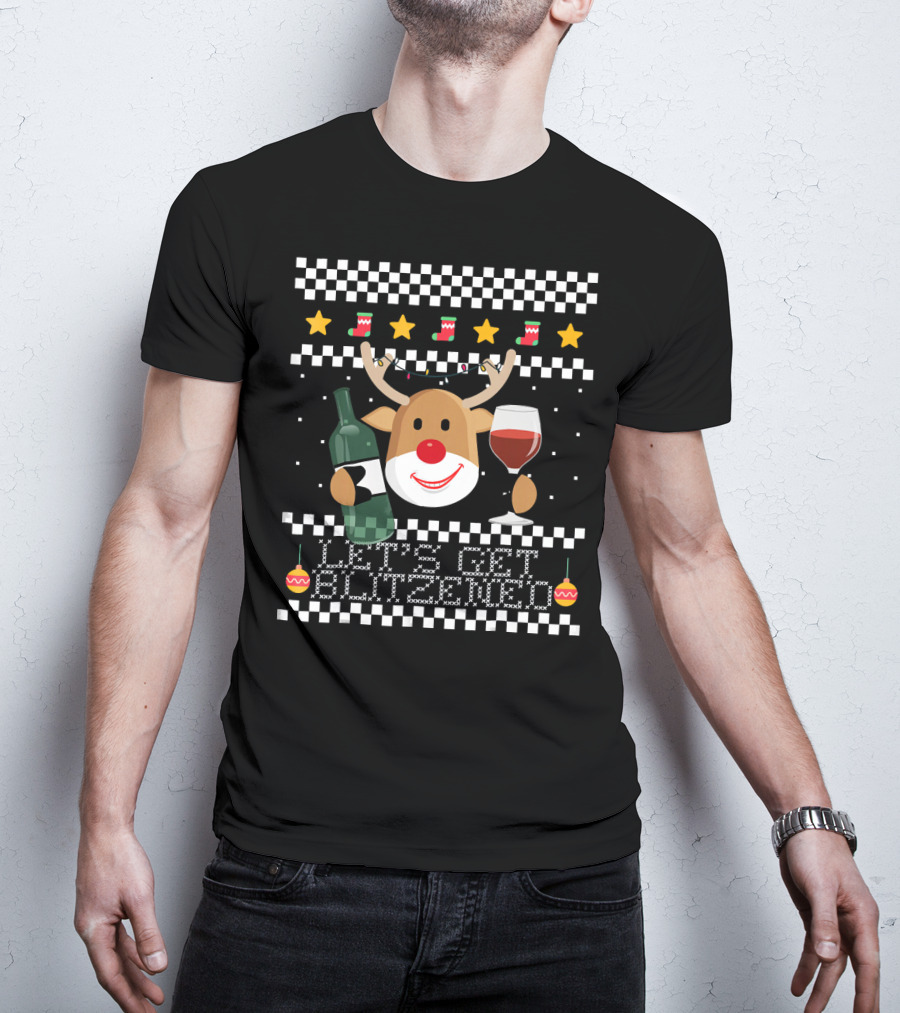 Lets Get Blitzened Reindeer With Wine And Bottle For Christmas T-Shirt