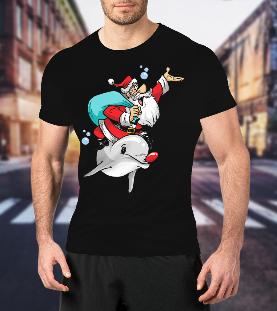 Christmas In July Santa Riding A Rudolph-Nosed Dolphin T-Shirt