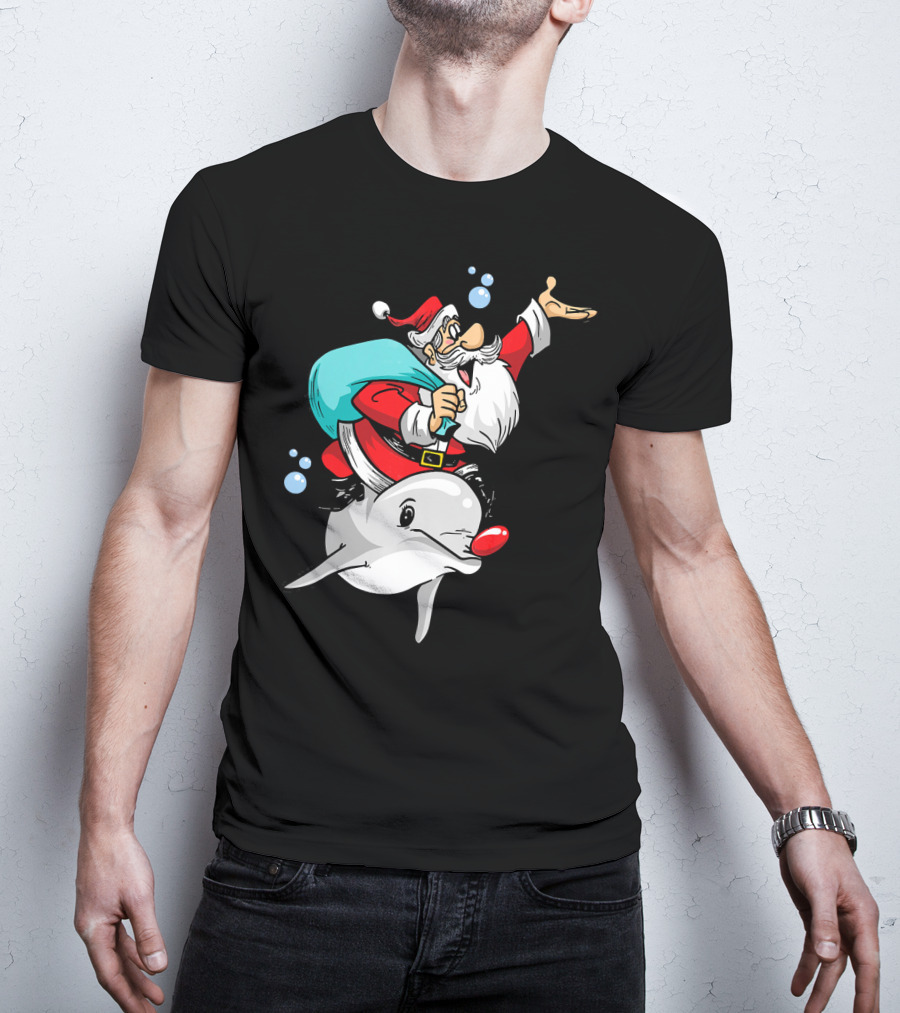 Christmas In July Santa Riding A Rudolph-Nosed Dolphin T-Shirt