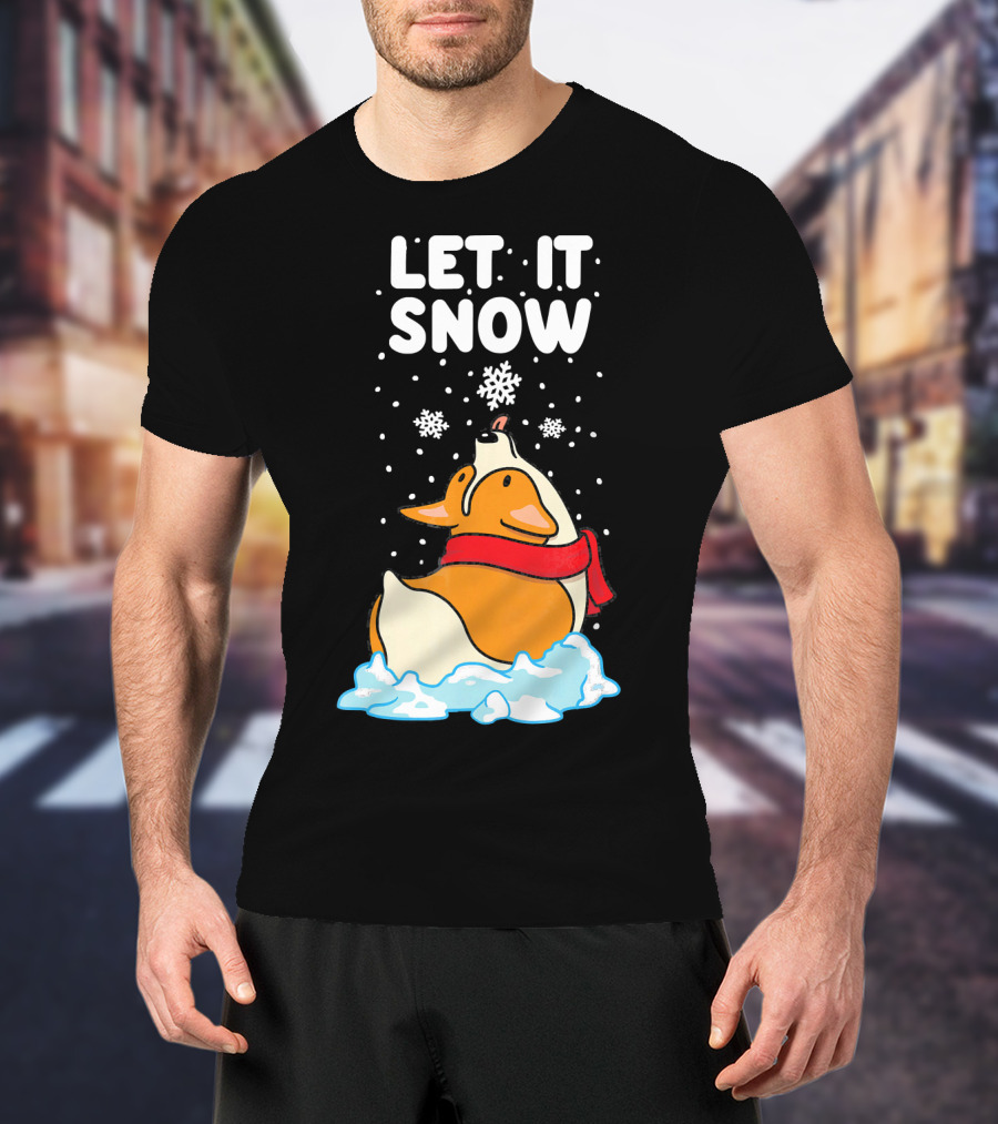 Let It Snow Corgi With Red Scarf In Snowfall T-Shirt