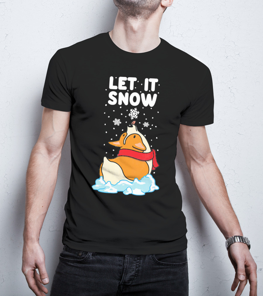 Let It Snow Corgi With Red Scarf In Snowfall T-Shirt