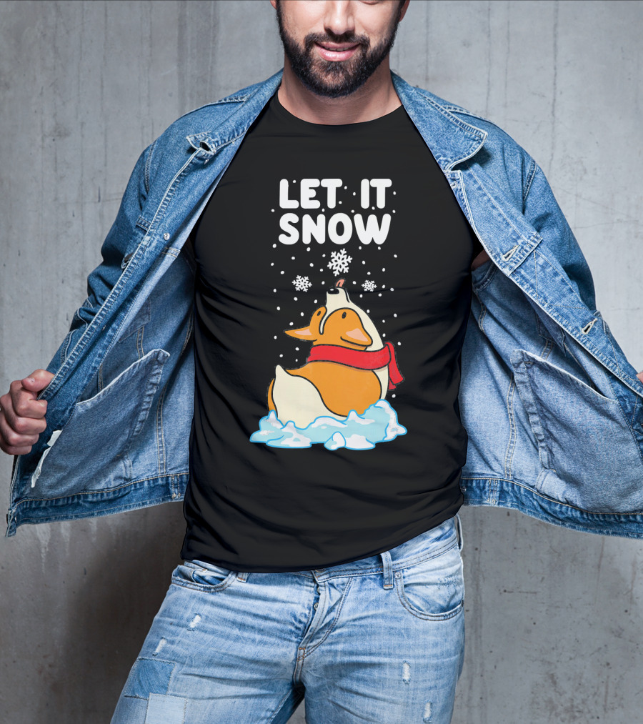 Let It Snow Corgi With Red Scarf In Snowfall T-Shirt