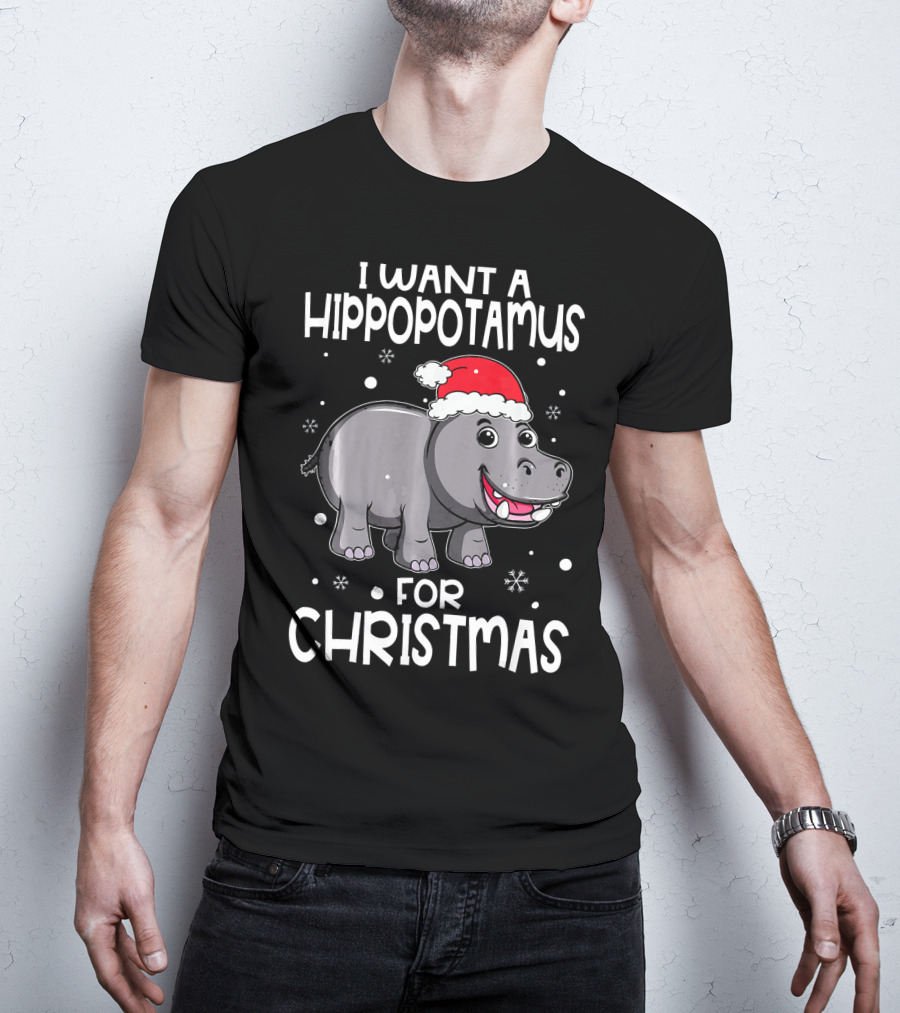I Want A Hippopotamus For Christmas Santa Hat Snowflakes T-Shirt