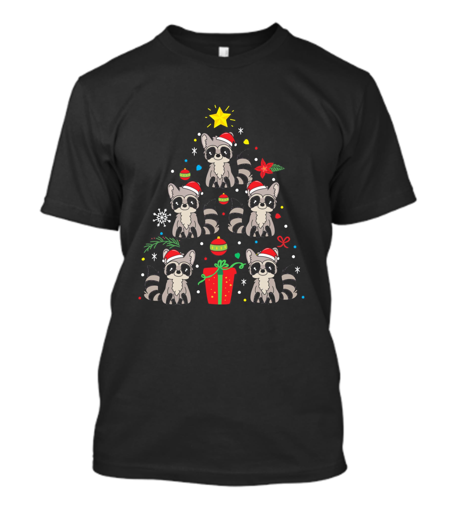 Raccoon Christmas Tree Ornament Santa Hats Holiday Gift T-Shirt