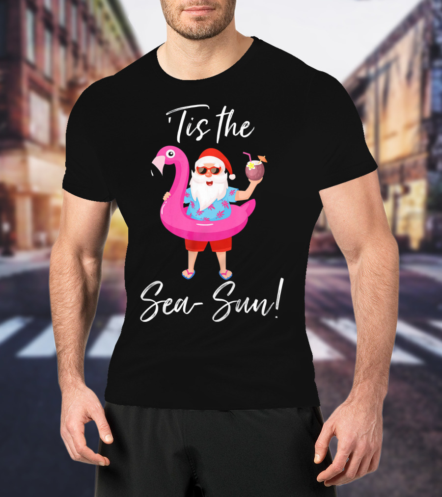 Tis The Sea-Sun Santa Claus Flamingo Float T-Shirt