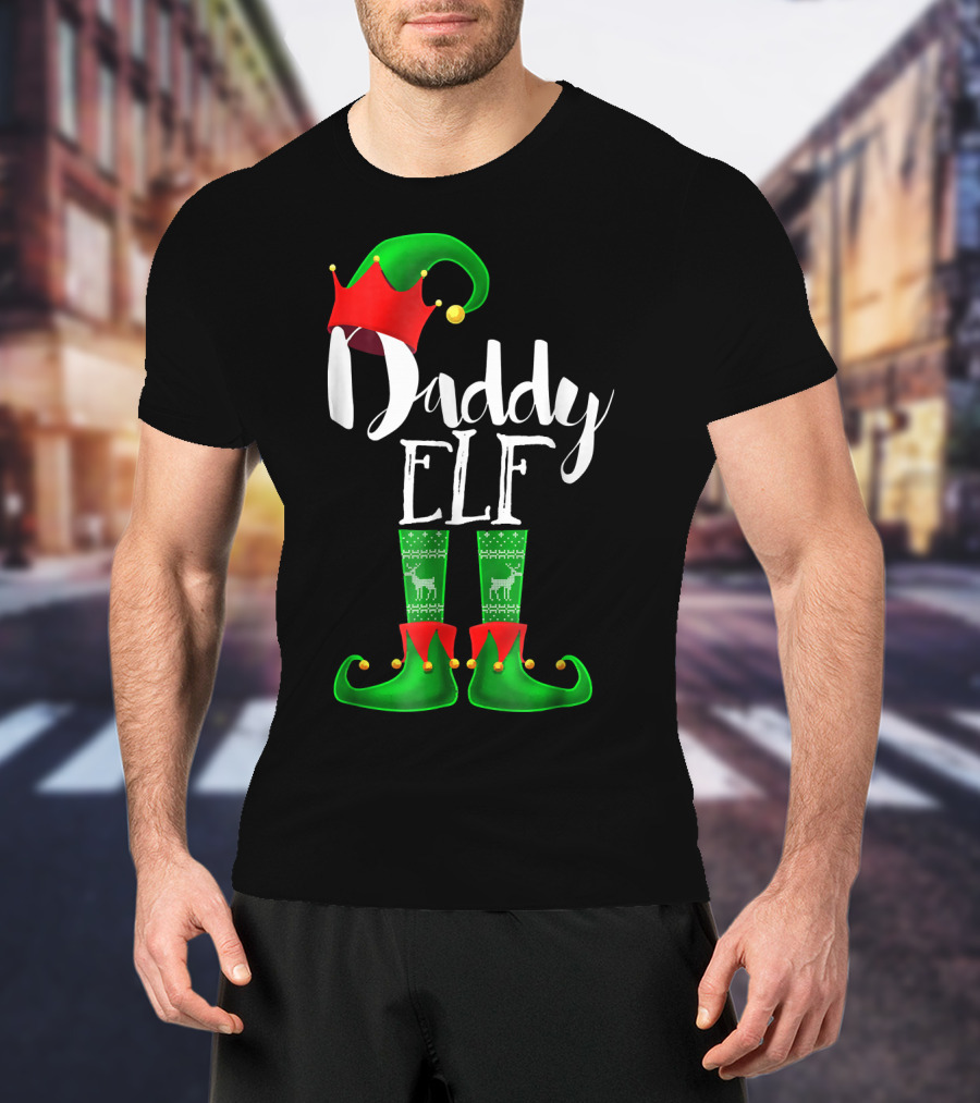 Daddy Elf Christmas Hat And Boots With Festive Green Socks T-Shirt