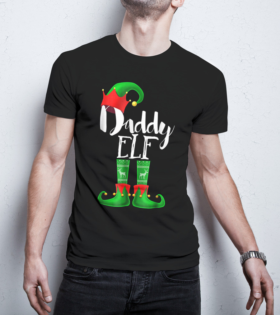 Daddy Elf Christmas Hat And Boots With Festive Green Socks T-Shirt