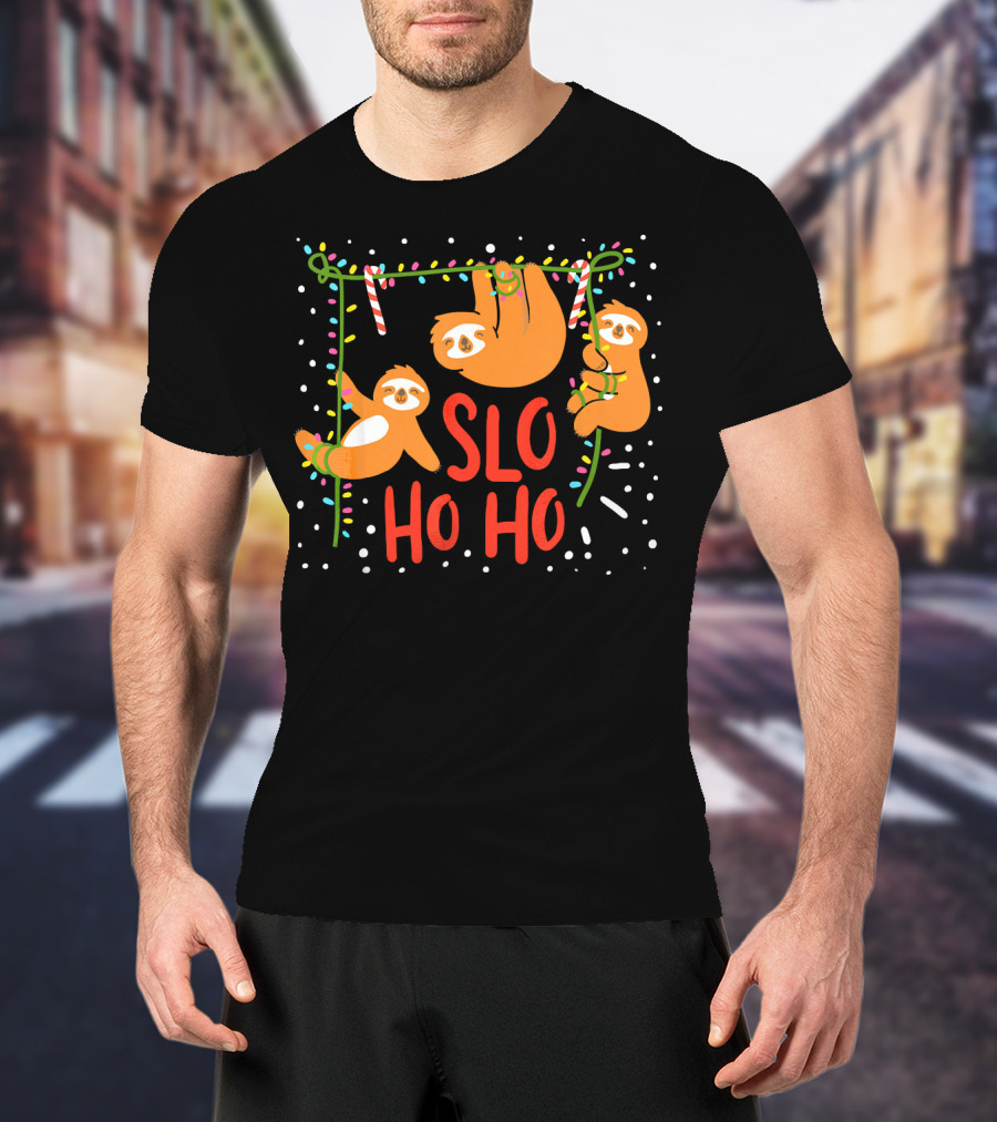 Slo Ho Ho Ho Christmas Sloth Hanging With Candy Cane And Lights T-Shirt