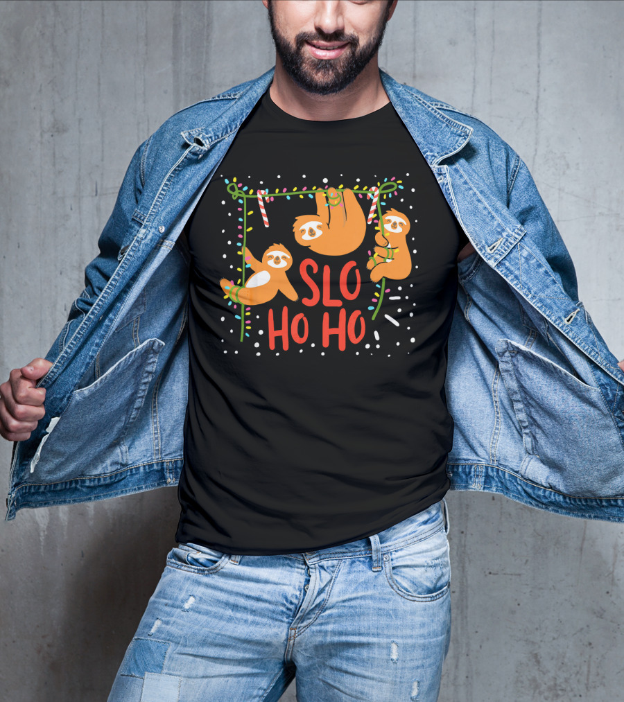 Slo Ho Ho Ho Christmas Sloth Hanging With Candy Cane And Lights T-Shirt