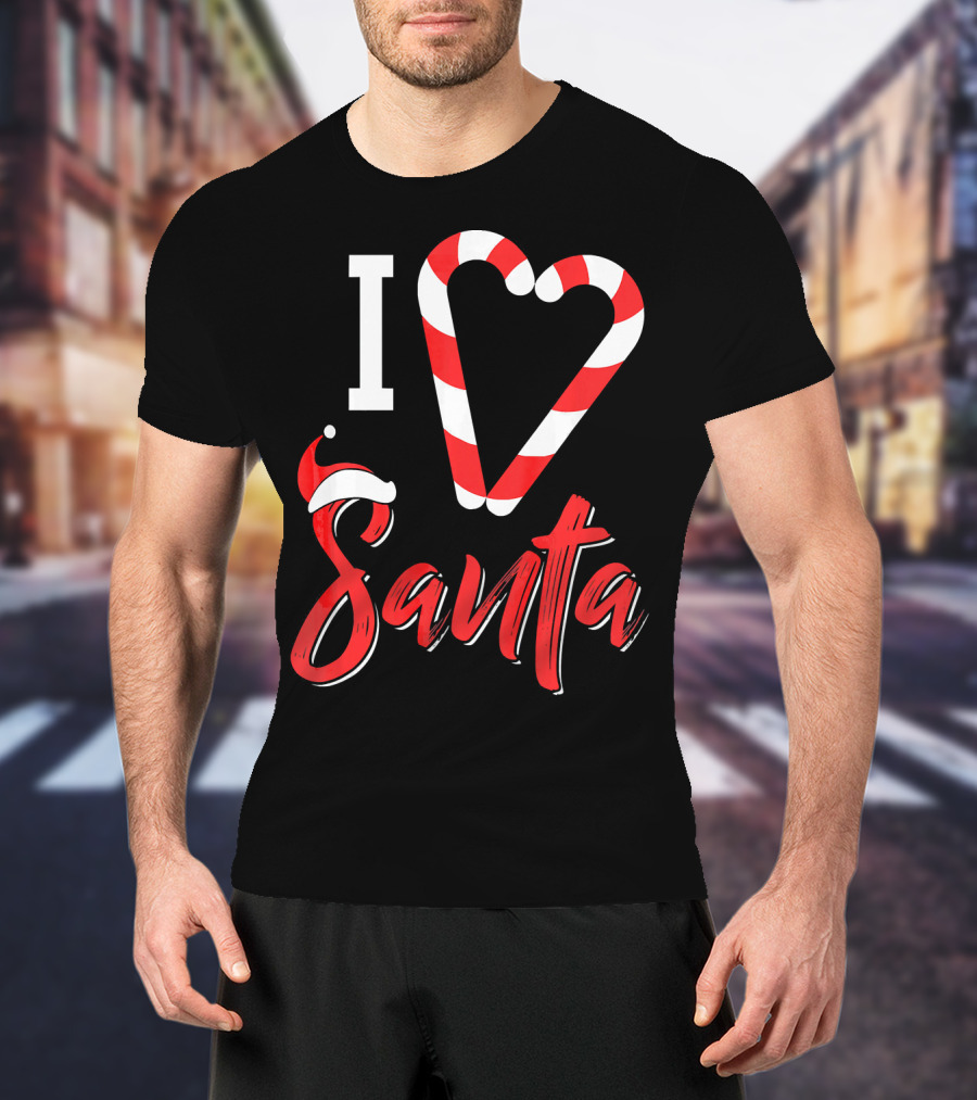 Christmas I Love Santa Candy Cane Heart With Santa Hat T-Shirt