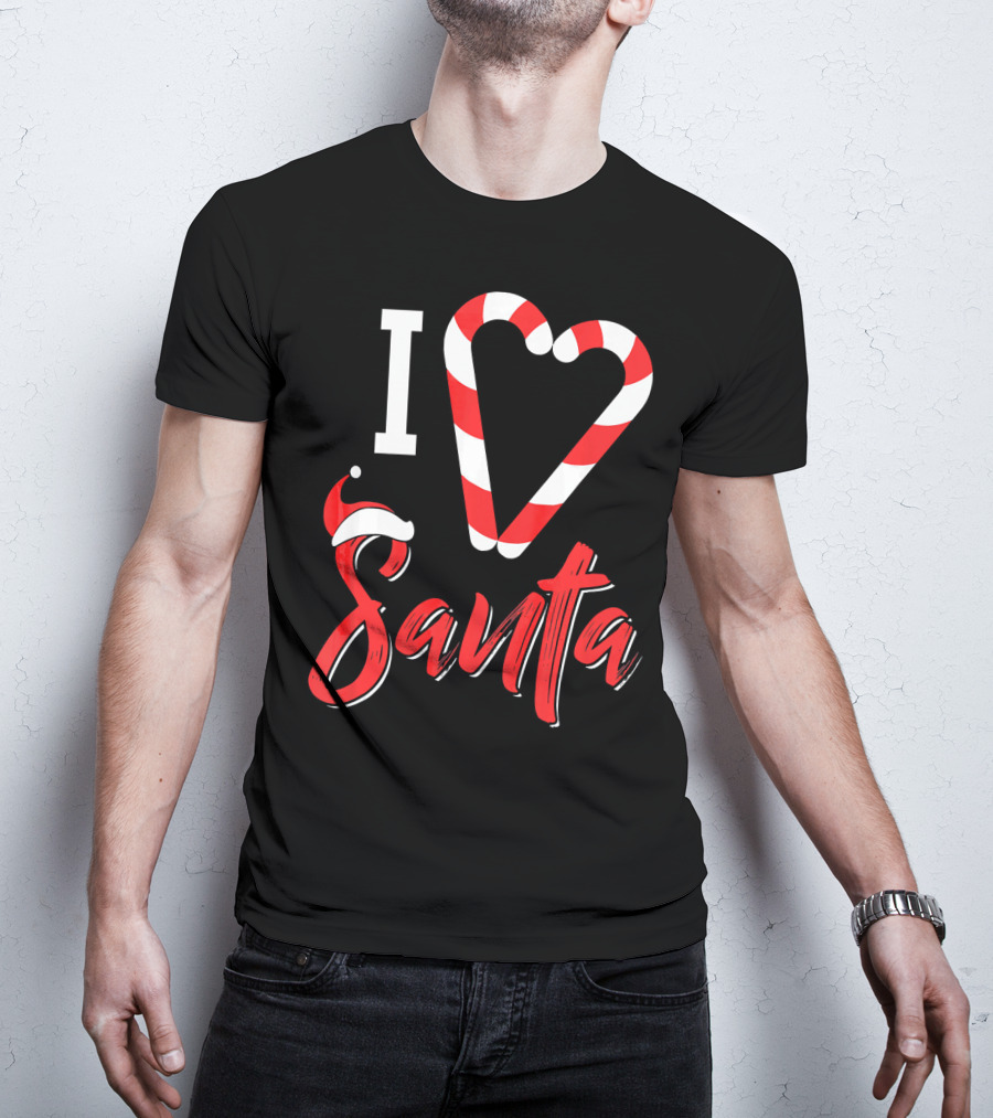 Christmas I Love Santa Candy Cane Heart With Santa Hat T-Shirt
