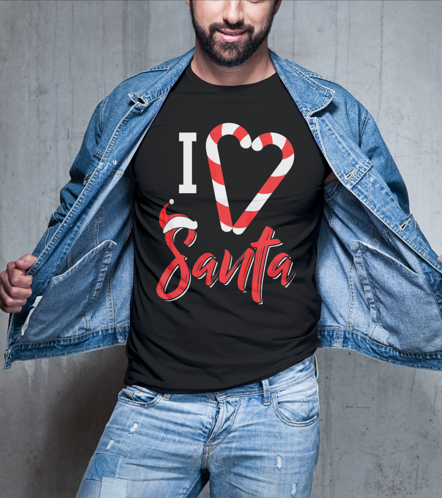 Christmas I Love Santa Candy Cane Heart With Santa Hat T-Shirt