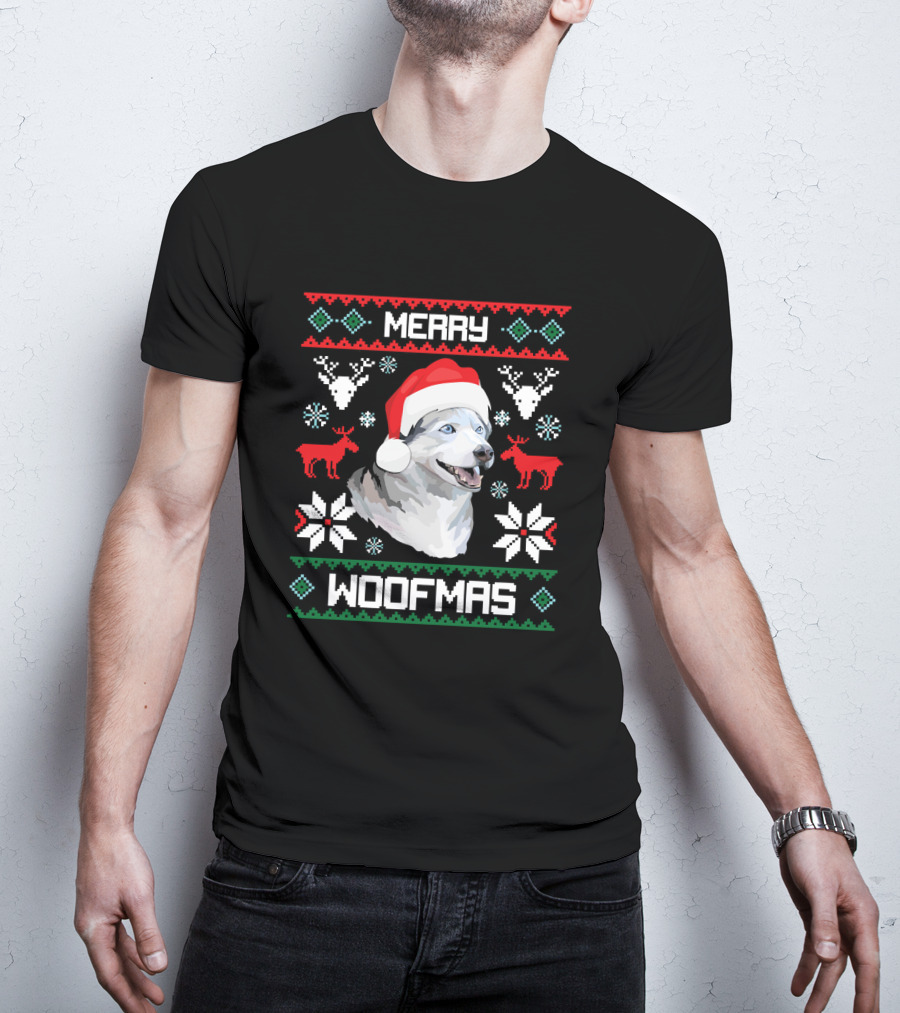 Merry Woofmas Siberian Husky Dog In Santa Hat With Reindeer And Snowflakes T-Shirt