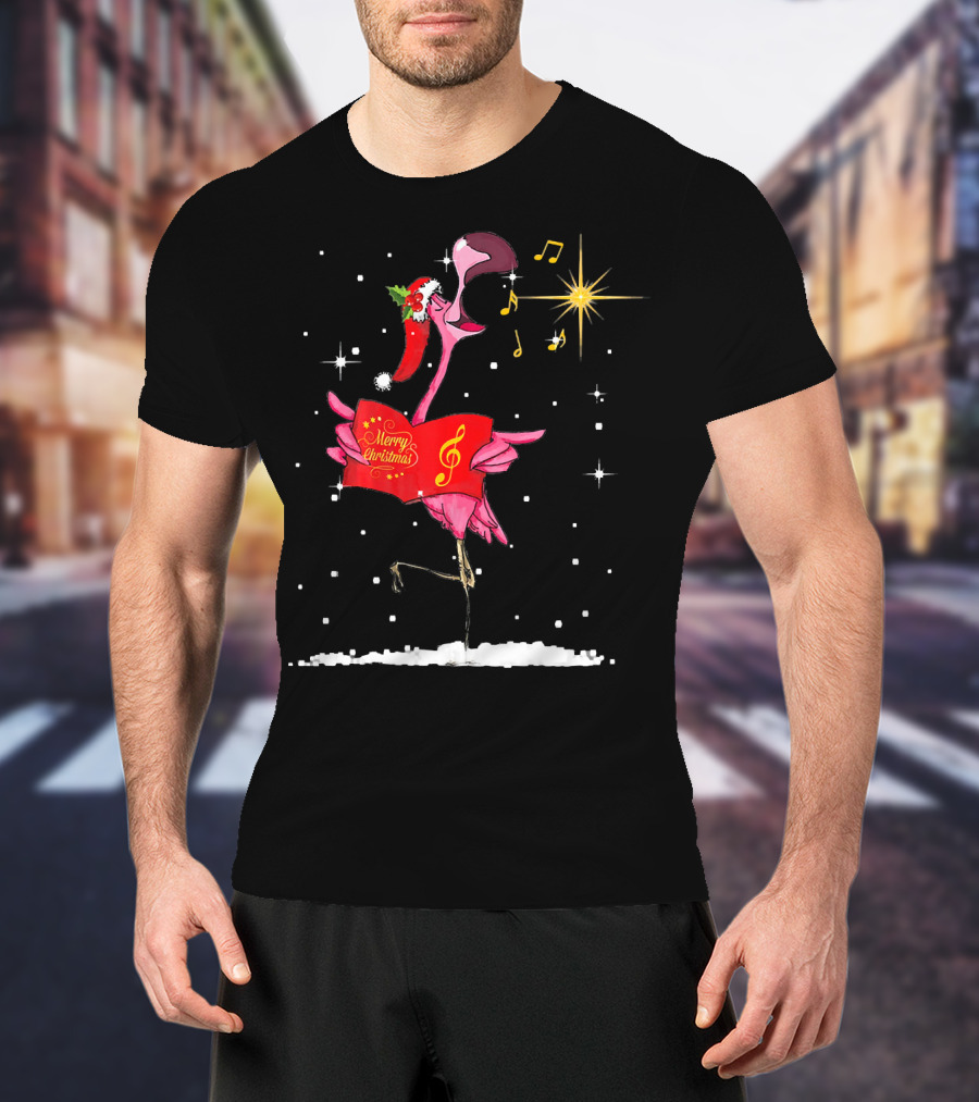 Funny Flamingo Sings Merry Christmas Song With Musical Notes And Santa Hat T-Shirt