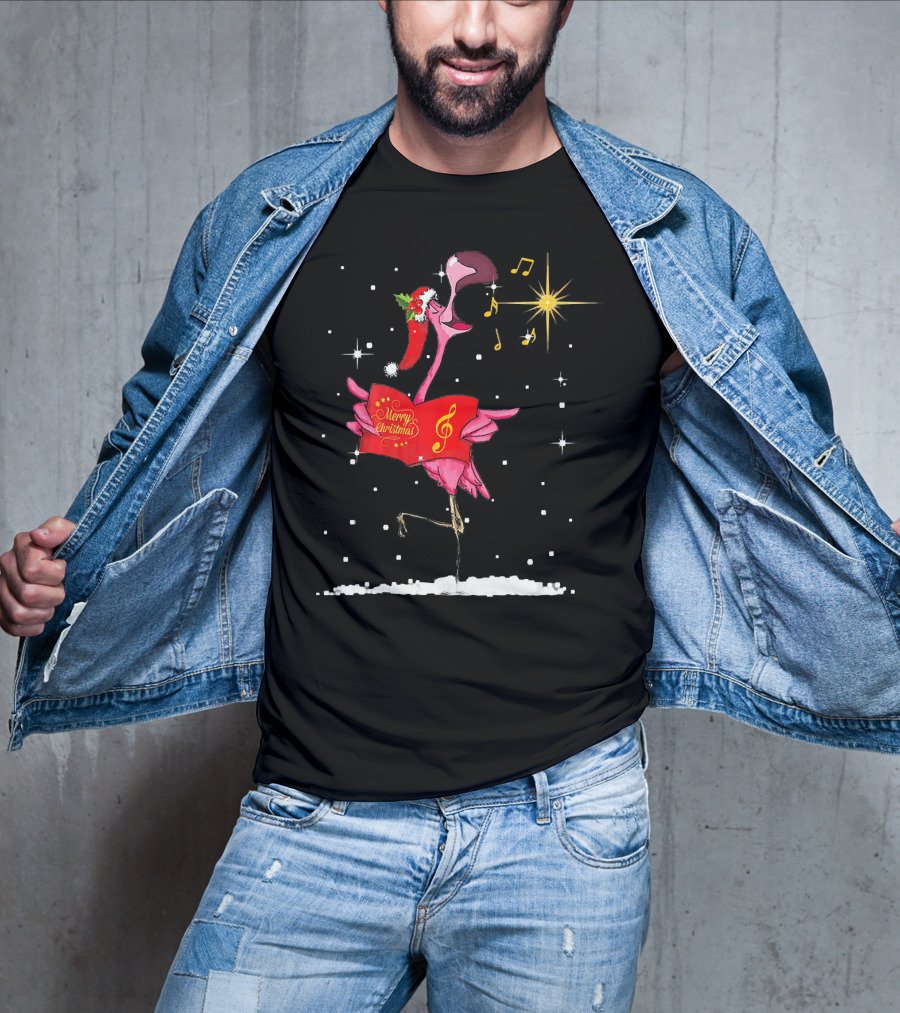Funny Flamingo Sings Merry Christmas Song With Musical Notes And Santa Hat T-Shirt