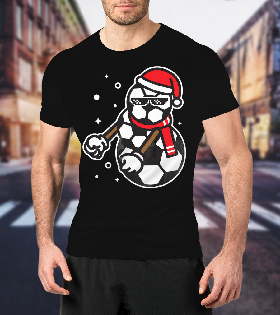 Soccer Player Snowman Funny Boy Girl Christmas Cool Santa Hat Pixel Glasses T-Shirt