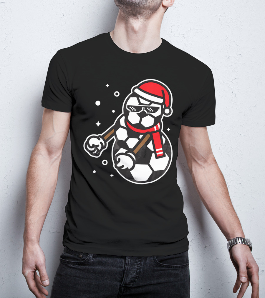 Soccer Player Snowman Funny Boy Girl Christmas Cool Santa Hat Pixel Glasses T-Shirt