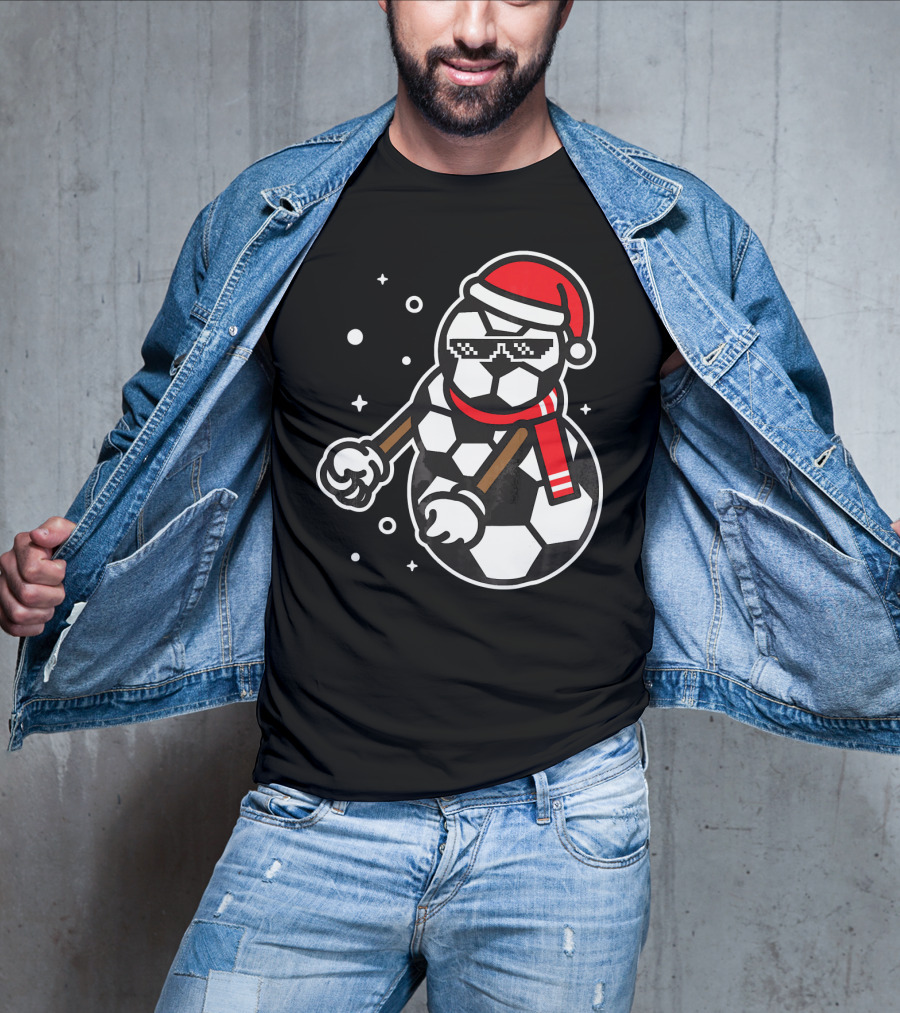 Soccer Player Snowman Funny Boy Girl Christmas Cool Santa Hat Pixel Glasses T-Shirt