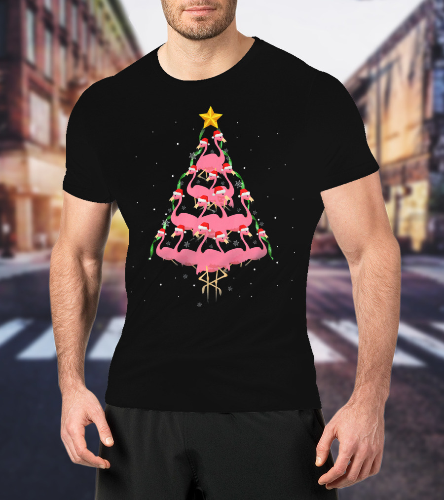 Funny Pink Flamingo Christmas Tree With Santa Hats And Star Topper T-Shirt