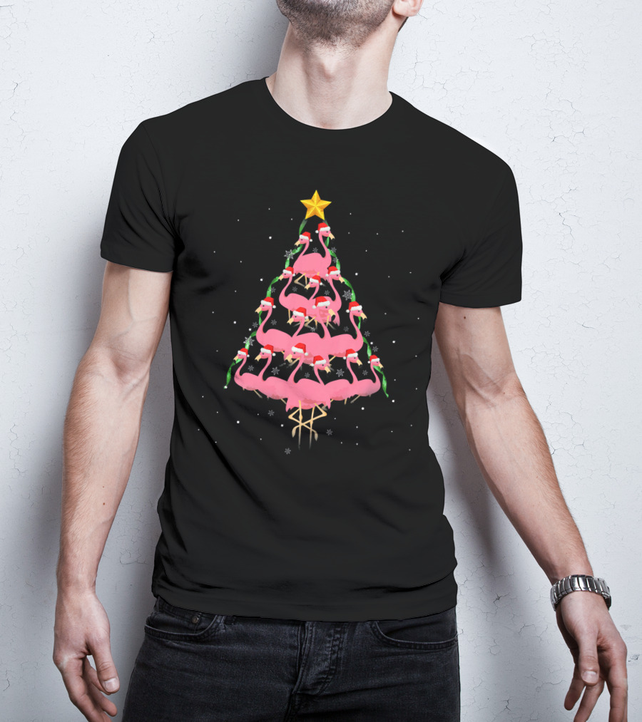 Funny Pink Flamingo Christmas Tree With Santa Hats And Star Topper T-Shirt