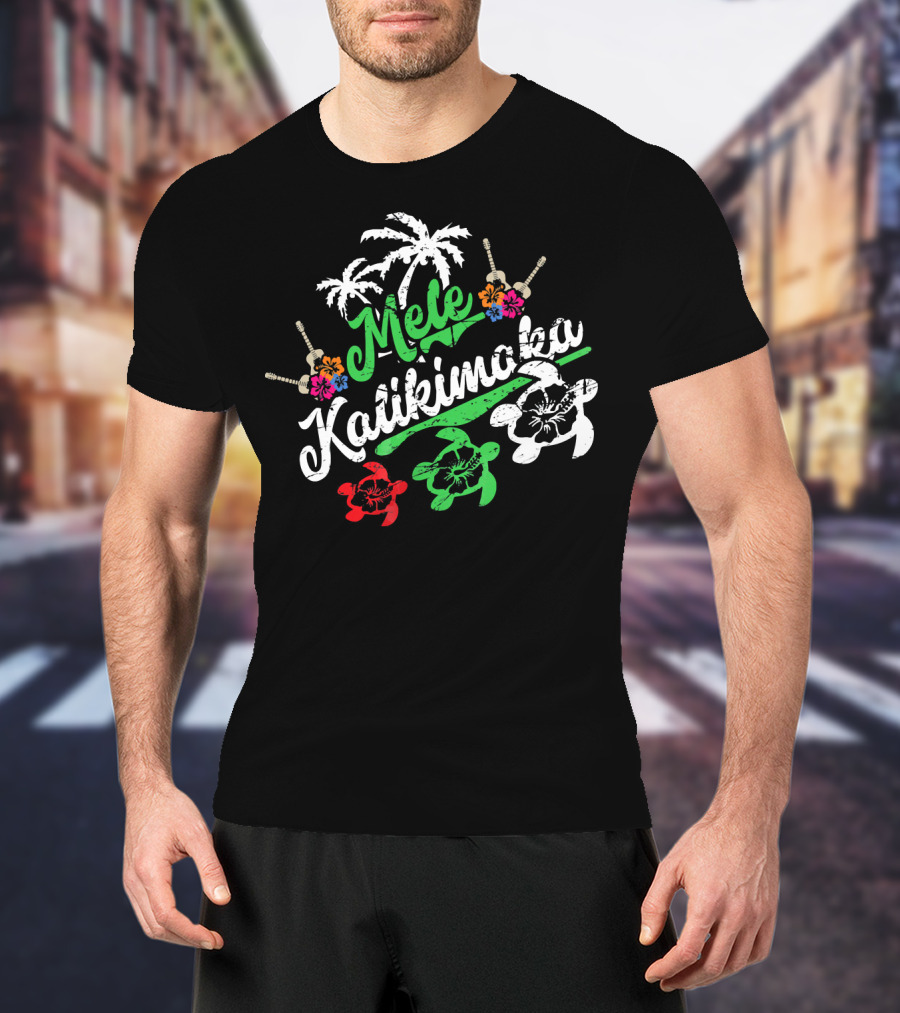 Mele Kalikimaka Hawaiian Turtles Palm Trees Flowers T-Shirt