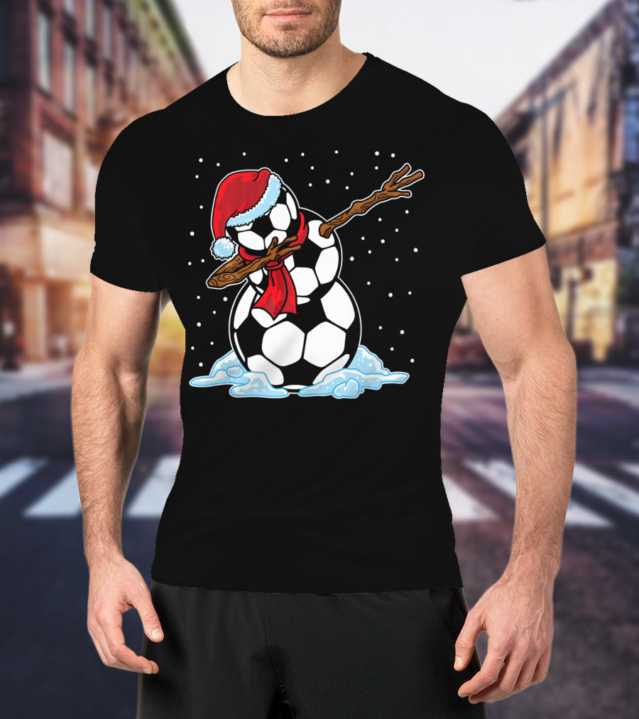 Santa Hat Soccer Ball Snowman With Red Scarf Dabbing In Snowflakes T-Shirt