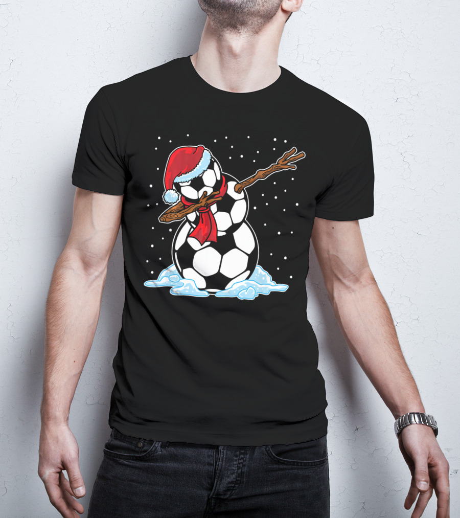 Santa Hat Soccer Ball Snowman With Red Scarf Dabbing In Snowflakes T-Shirt