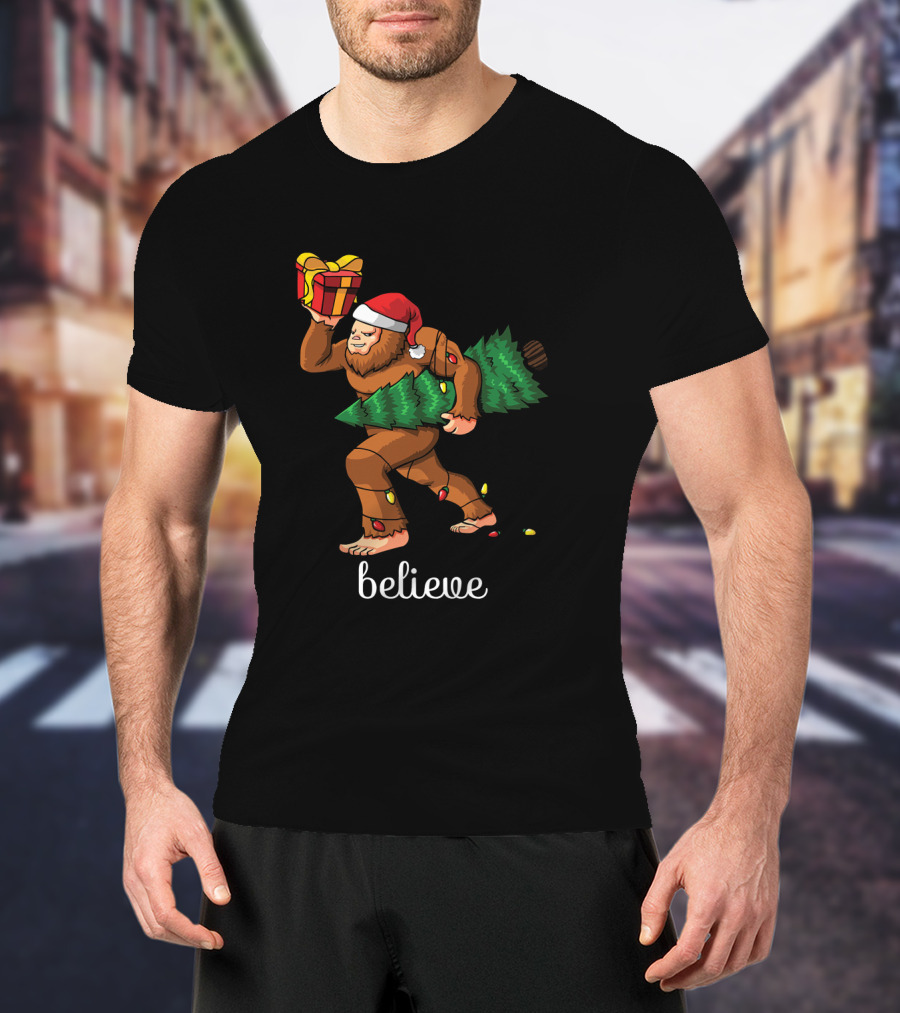 Believe Bigfoot Christmas Tree Sasquatch Santa Hat Gift T-Shirt