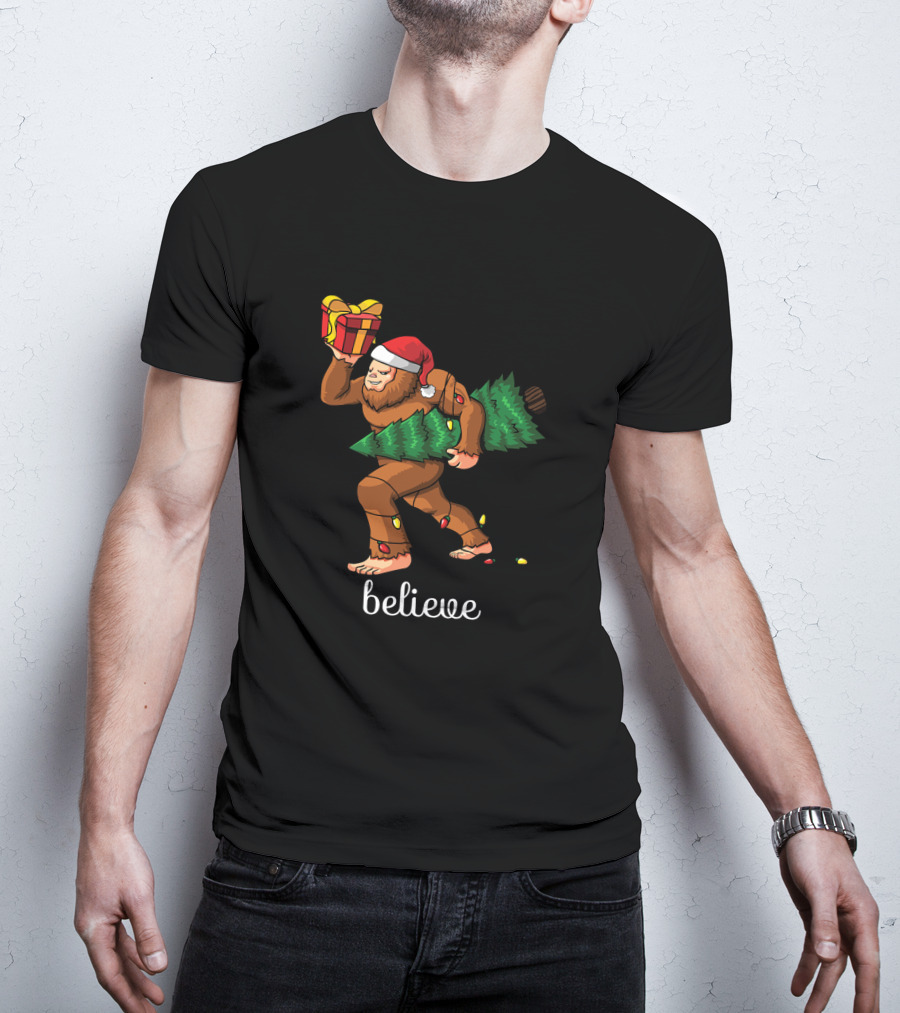 Believe Bigfoot Christmas Tree Sasquatch Santa Hat Gift T-Shirt