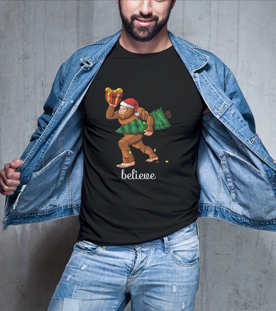 Believe Bigfoot Christmas Tree Sasquatch Santa Hat Gift T-Shirt