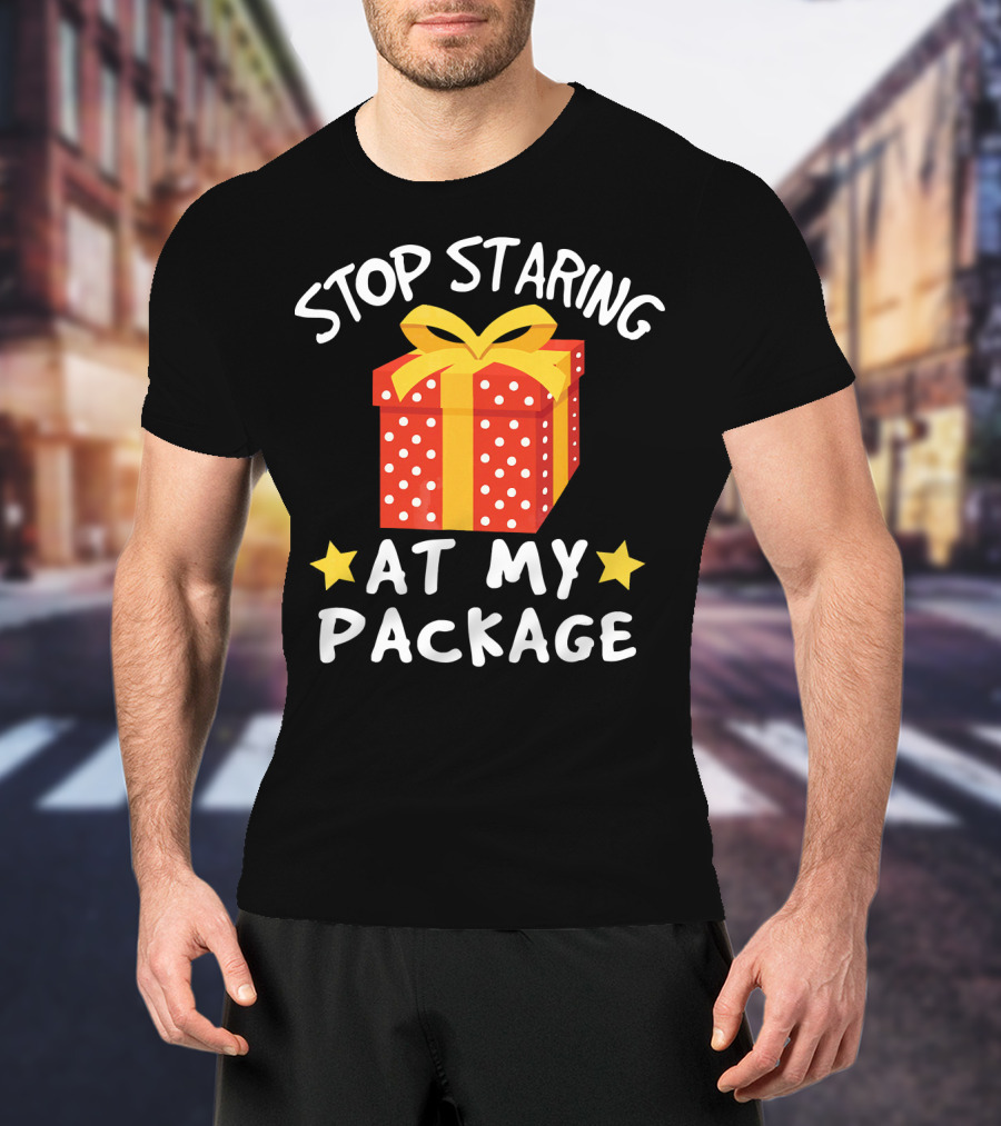 Stop Staring At My Package Funny Christmas Adult Humor Pun T-Shirt