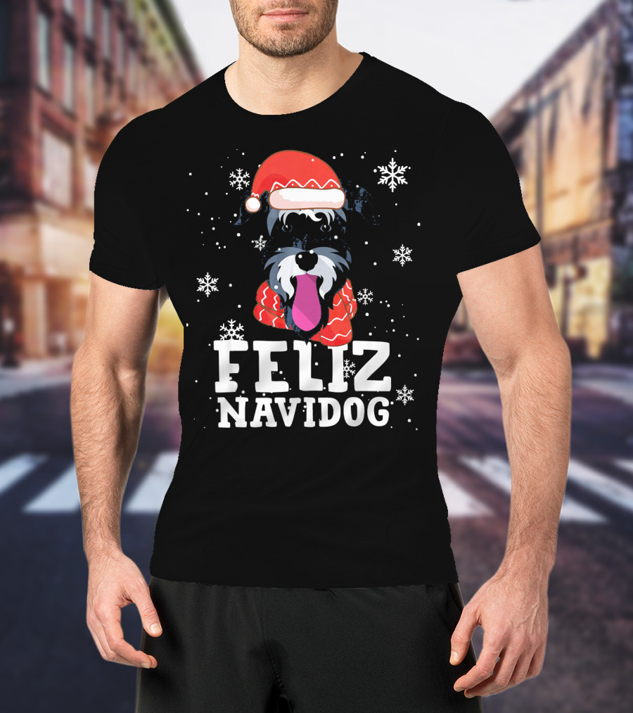 Feliz Navidog Miniature Schnauzer Dog Santa Hat Snowflakes T-Shirt
