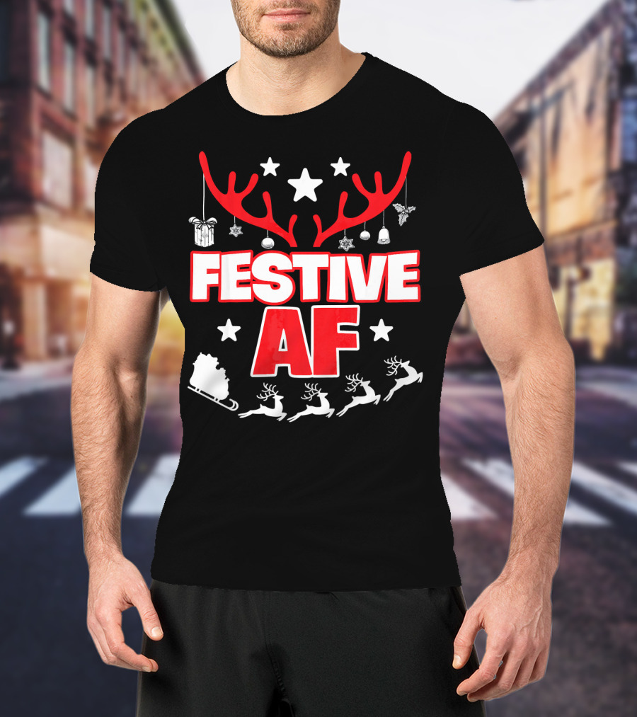 Festive AF Antlers Reindeer Stars Christmas Sled T-Shirt