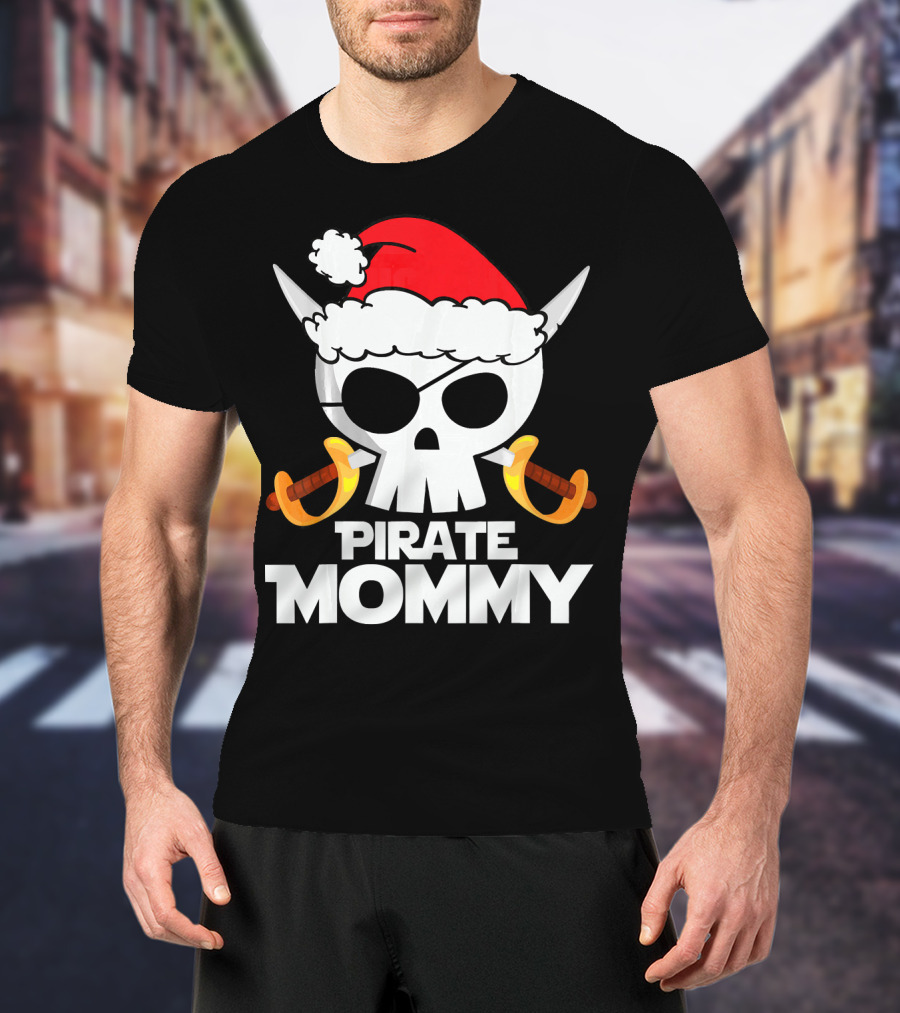 Funny Santa Claus Pirate Mommy Skull With Santa Hat And Swords T-Shirt