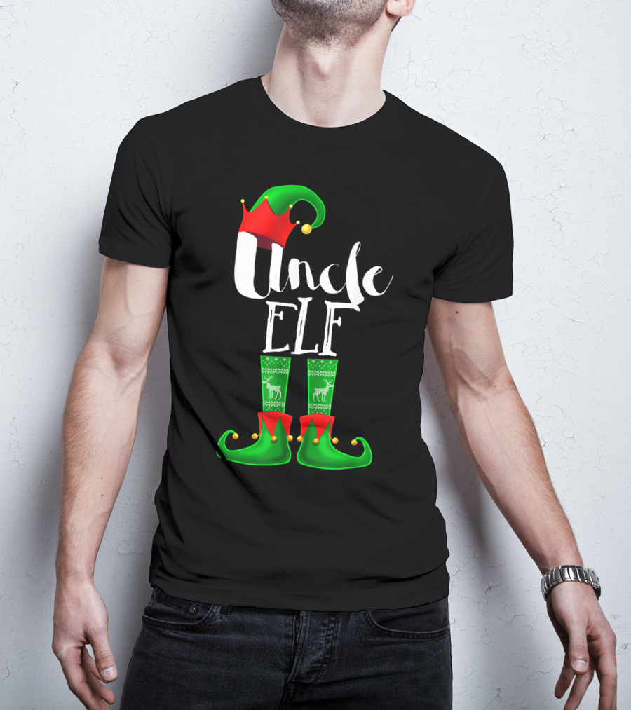 Uncle Elf Christmas Outfit With Santa Hat And Festive Green Boots T-Shirt