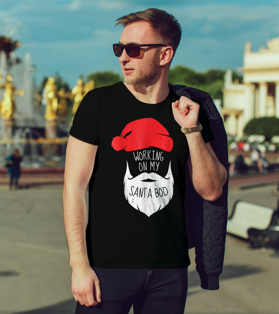 Mens Working On My Santa Bod Beard Santa Hat T-Shirt