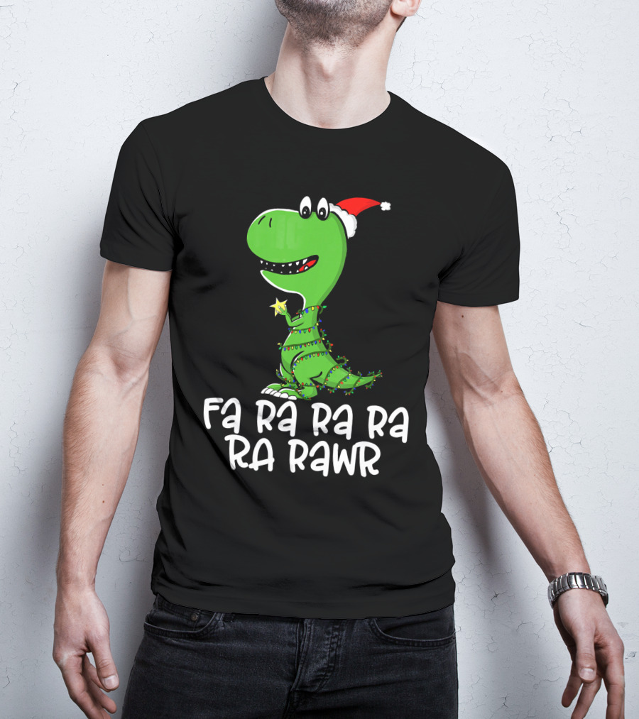 Fa Ra Ra Ra Rawr Dinosaur Christmas Lights Santa Hat T-Shirt