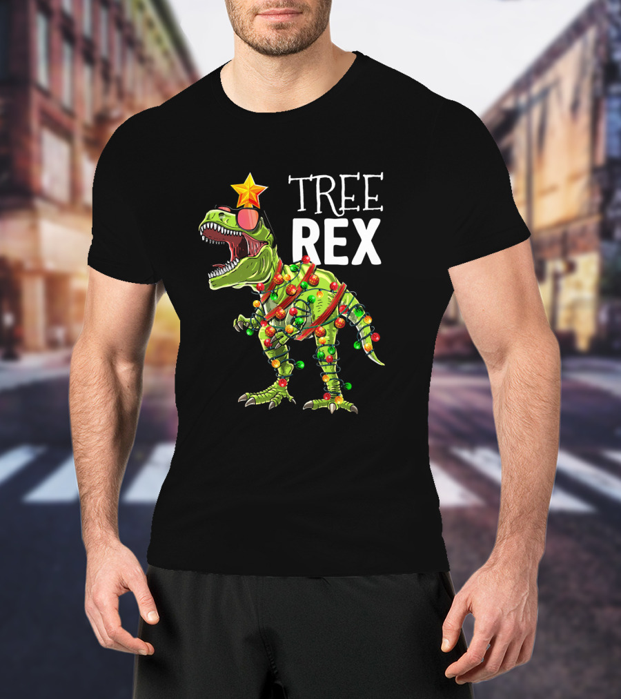 Tree Rex Dinosaur With Christmas Lights And Star T-Shirt